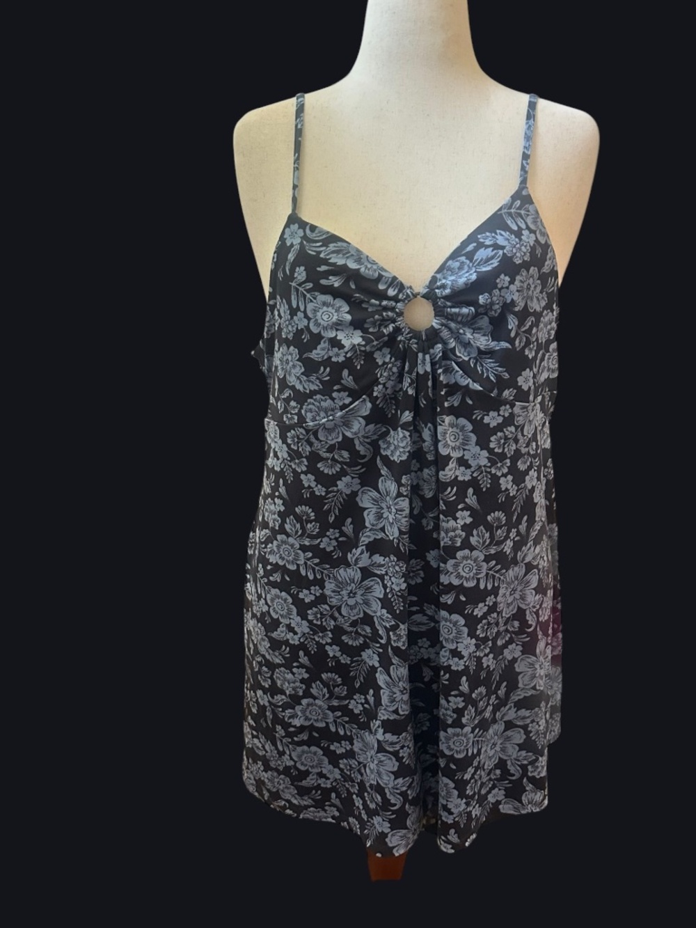 Floral Ring Front Babydoll Dress XXL | Black & Gray Floral Sleeveless Mini Dress